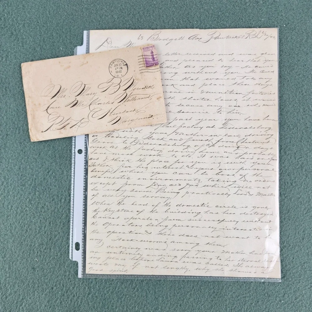 Vtg 1942 Handwritten Letter Pawtucket, RI with Envelope Correspondence